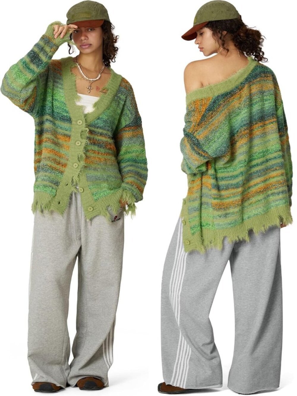 NWT New Bakyarder Green Stripe Wool Blend Fuzzy Button Front Cardigan Size XL